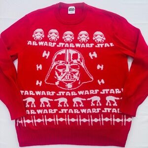 STAR WARS Mens Christmas Sweater, Red & White,Darth Vader/Storm Troopers,XL